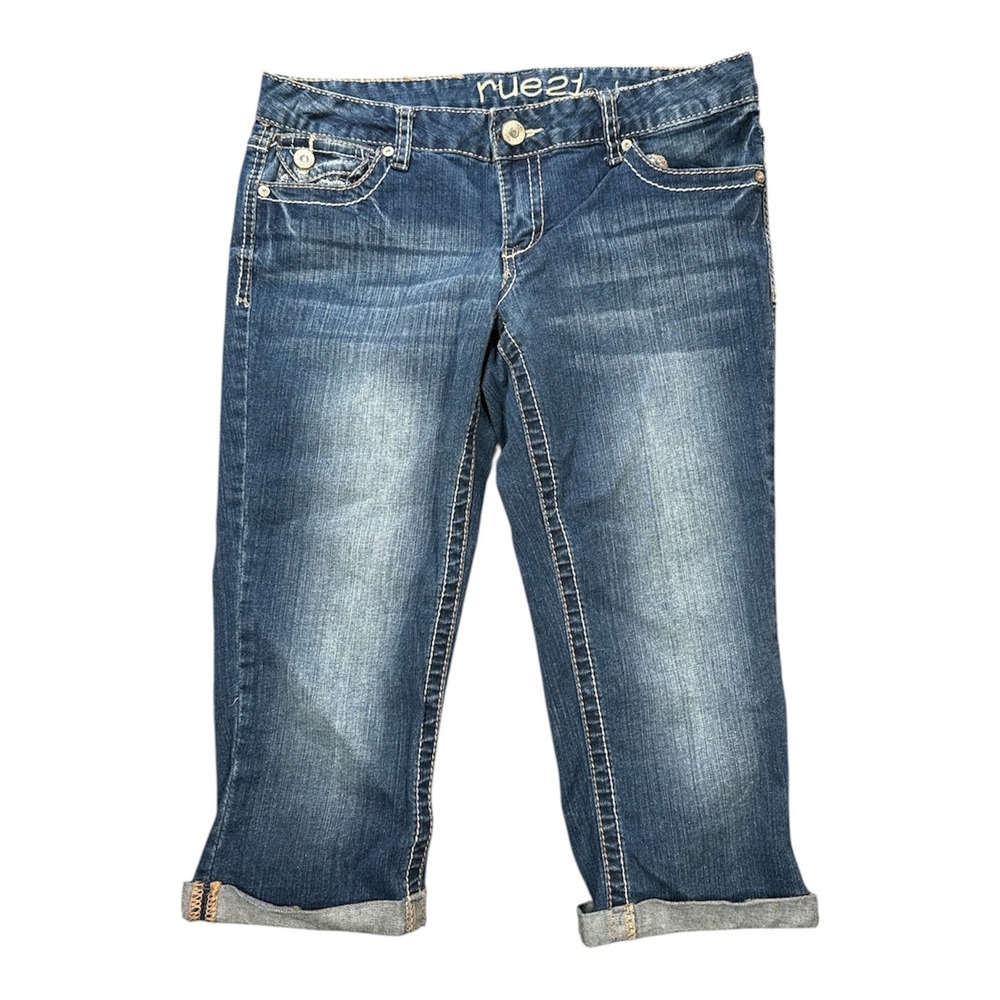 Rue 21 Womens Cropped Blue Denim Jeans Embellished Pockets Size 7/8